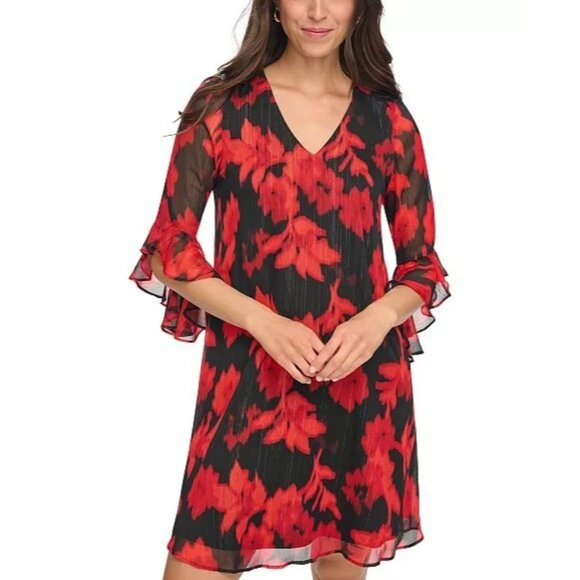 Calvin KLEIN Womens Size 6 Red Black Floral Print  Bell Sleeve Shift Dress NEW - Picture 1 of 4